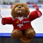 DMITROV, RUSSIA - JANUARY 7: A teddy bear wear a Switzerland jersey sits on top of the dasherboard prior to Switzerland vs Finland preliminary round action at the 2018 IIHF Ice Hockey U18 Women's World Championship. (Photo by Steve Kingsman/HHOF-IIHF Images)

