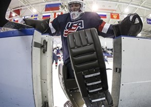 DMITROV, RUSSIA - JANUARY 9: USA's Calla Frank #1 steps off the ice following warm ups prior to preliminary round action against Canada at the 2018 IIHF Ice Hockey U18 Women's World Championship. (Photo by Francois Laplante/HHOF-IIHF Images)

